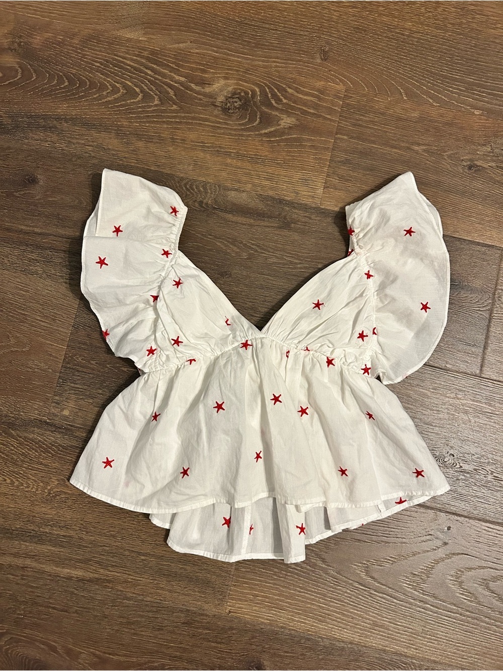White Ruffle V-Neck top with Red Star Embroidery